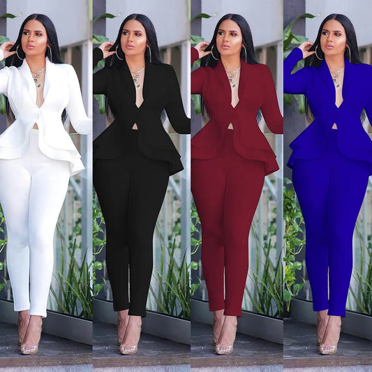 New Women Winter Women's Set Tracksuit Full Sleeve Ruffles Blazers Pencil Pants Suit Two Piece Set Office Lady Outfits Uniform - Jamboshop.com