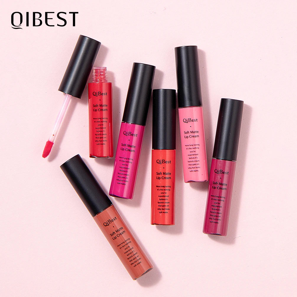 QIBEST Sexy Long Lasting Velvet Matte Lip Gloss Liquid Lipstick Lip Makeup Women Beauty Red Nonstick Cup Waterproof Lipgloss