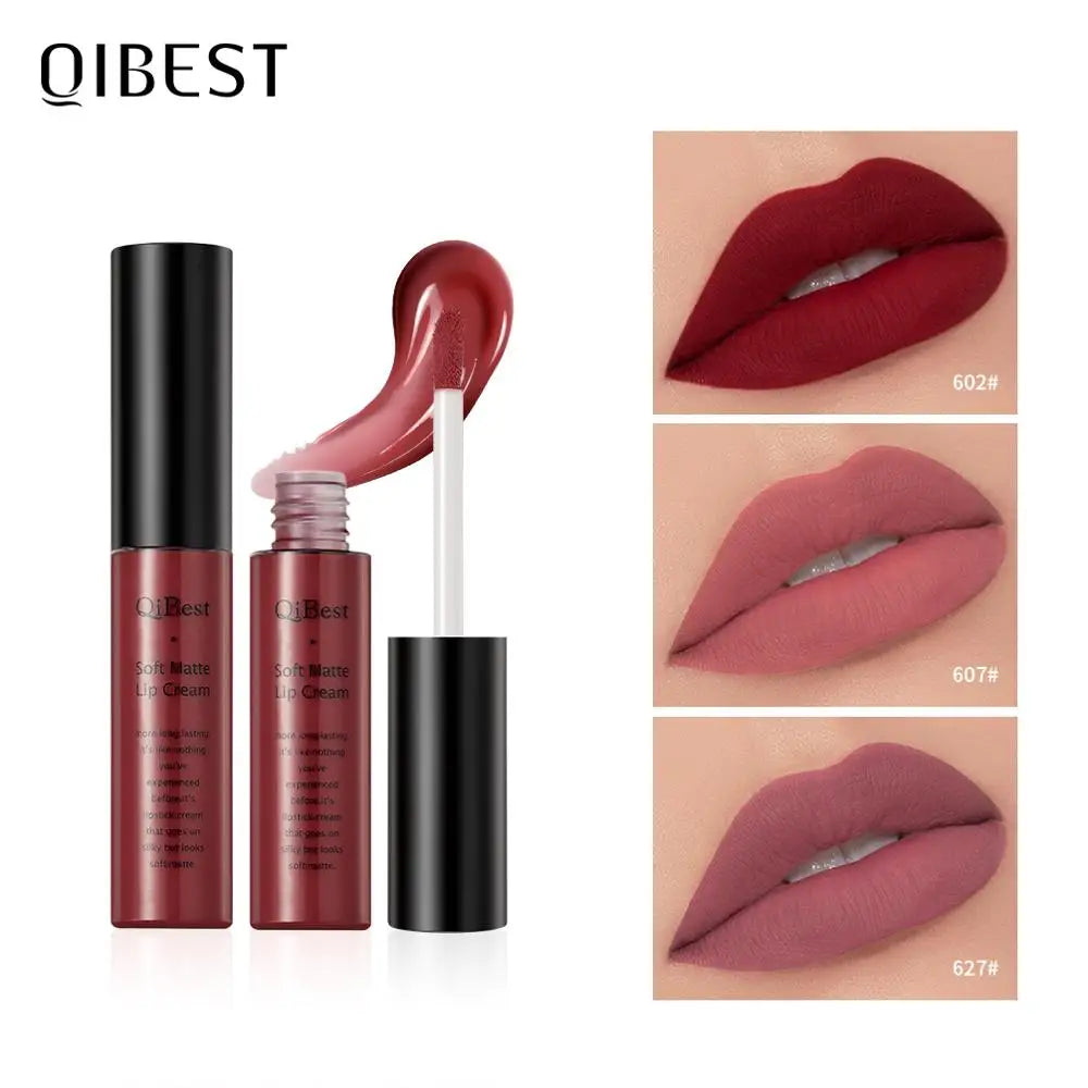 QIBEST Sexy Long Lasting Velvet Matte Lip Gloss Liquid Lipstick Lip Makeup Women Beauty Red Nonstick Cup Waterproof Lipgloss