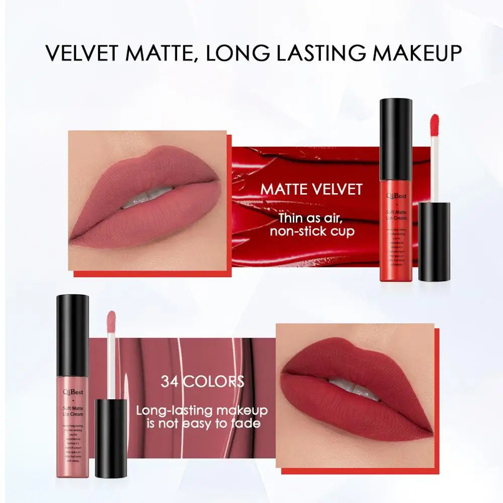 QIBEST Sexy Long Lasting Velvet Matte Lip Gloss Liquid Lipstick Lip Makeup Women Beauty Red Nonstick Cup Waterproof Lipgloss