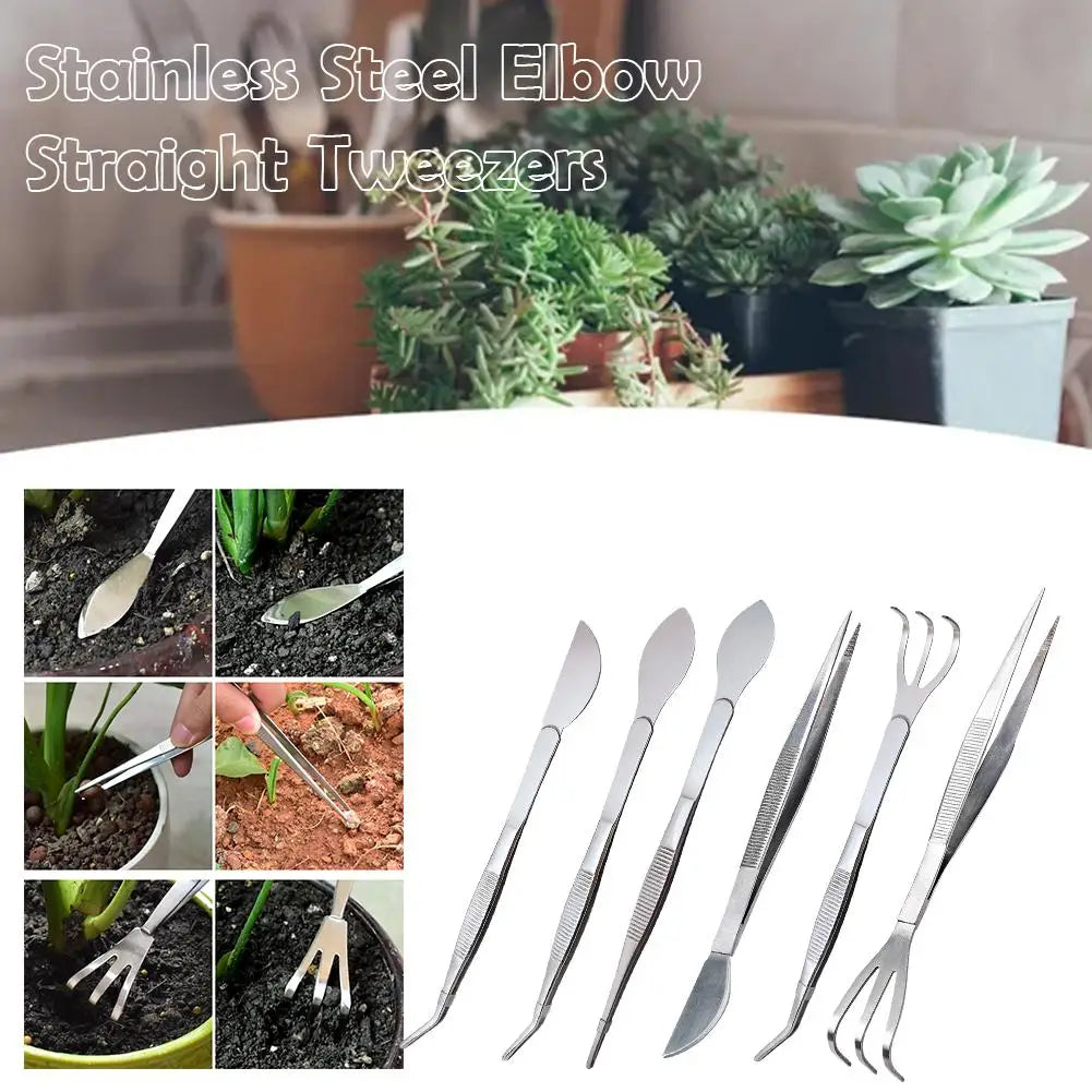 2-in-1 304 Stainless Steel Root Rake with Bonsai Tweezers with Ergonomical Handle Soil Farming Tool for Succulents Crafting