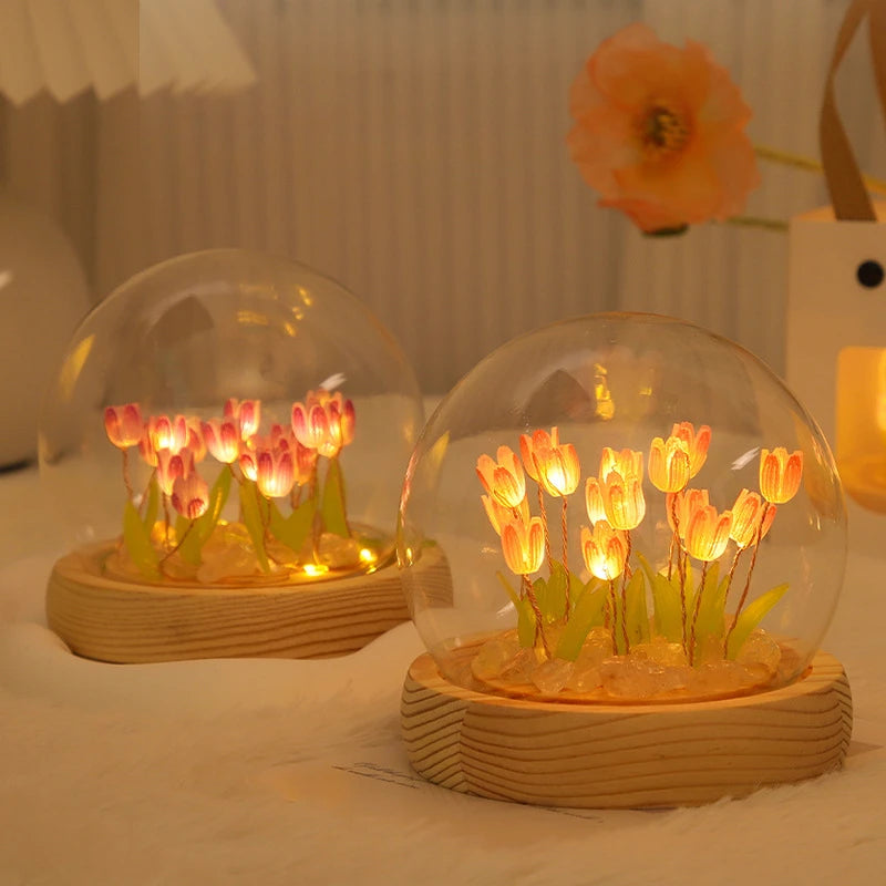 Artificial Tulip Flower Night Light Ornaments Handmade DIY Bedside Lamp LED Night Lamp Bedroom Decor Birthday Gifts Table Lamp - Jamboshop.com