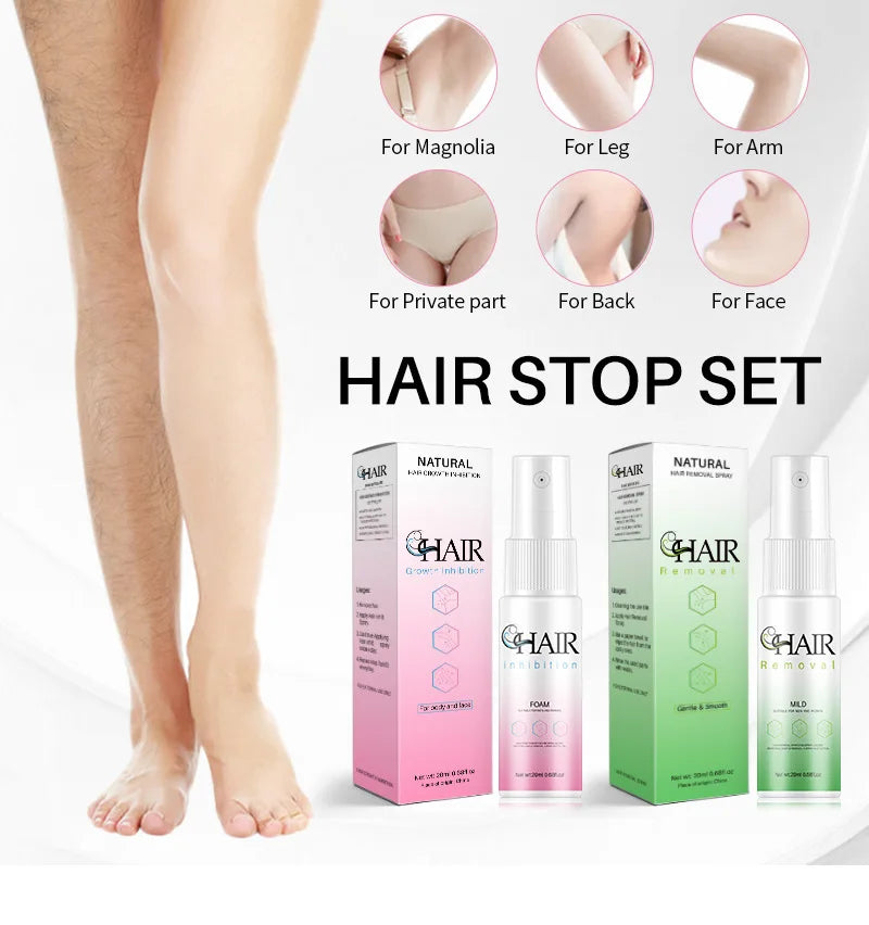 Fast Hair Removal Spray Set Painless Hair Growth Inhibitor Arm Armpit Legs Permanent Depilatory for Men Women Beauty Health Care