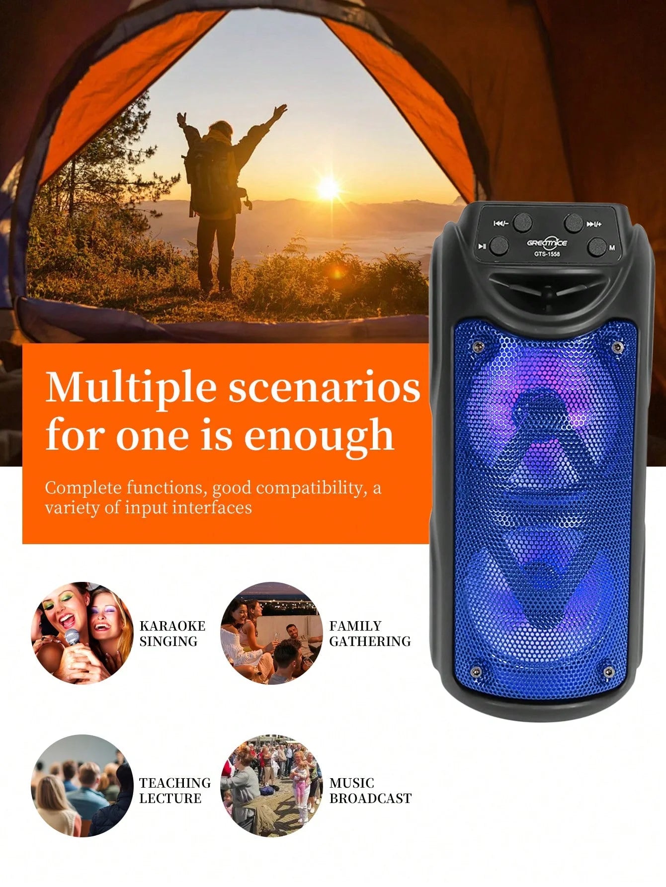 1pc Outdoor Wireless Speaker, Super Loud Sound, Dual 3-inch, LED Lights, Pluggable Card, USB, Large Camping Speakers, Portable,