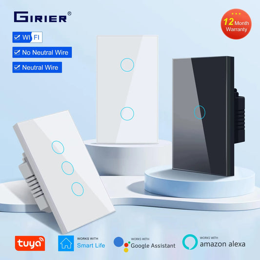 GIRIER Smart Wifi Touch Switch No Neutral Wire Required Smart Home 1/2/3 Gang Light Switch 100-240V Works with Alexa Hey Google - Jamboshop.com