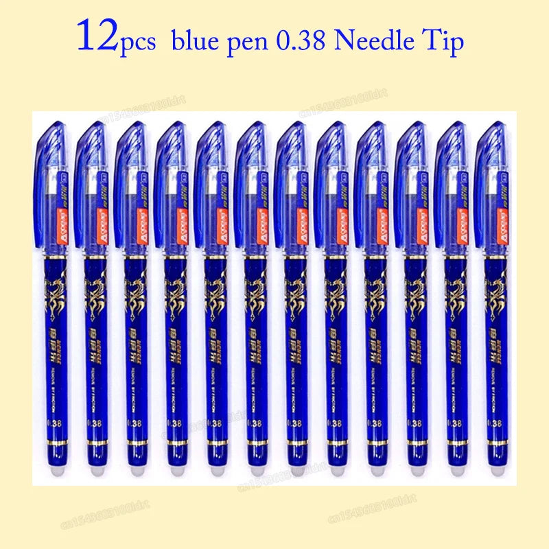 12PCS Erasable Gel Pen Blue Black Red Ink 0.5 0.38mm Washable Handle Ballpoint Pen Needle Tip Rod Student For Writing Sketch