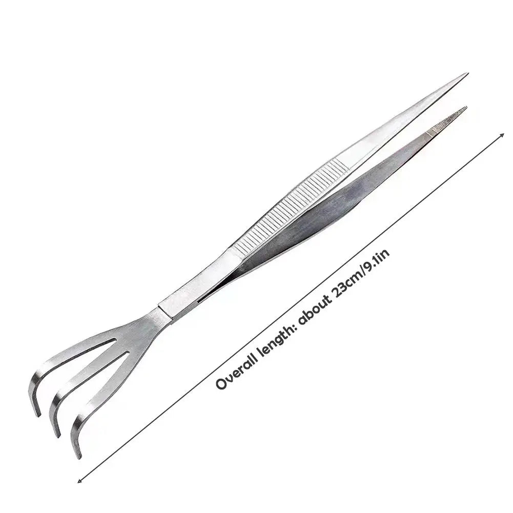 2-in-1 304 Stainless Steel Root Rake with Bonsai Tweezers with Ergonomical Handle Soil Farming Tool for Succulents Crafting