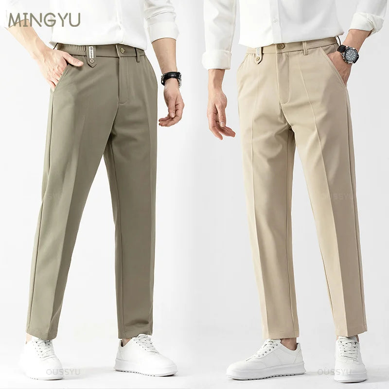 All Seasons Smooth Khaki Pants Men Business Suit Pant Solid Color Stretch Casual Brand Clothing Suit Trousers Male 28-38