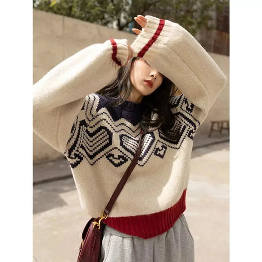 Sweater Female Love Temperament Fall and Winter New Korean Loose O Collar Knitted Sweater Tops Outer Wear