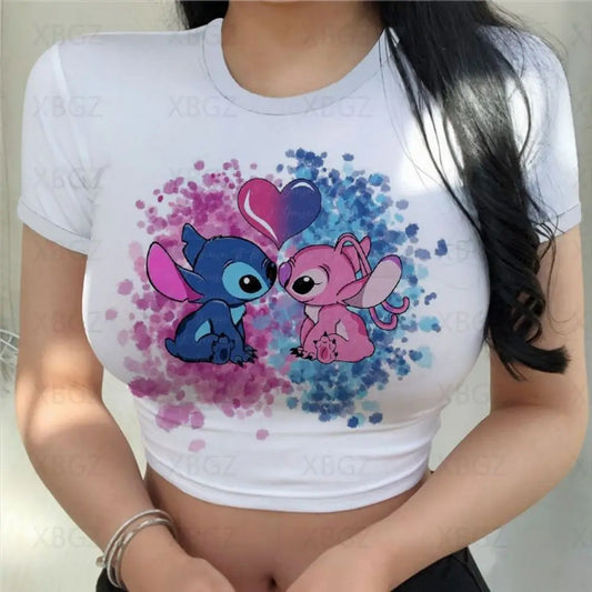 Slim Fit Female Clothing Party Women's T-shirt Print Kawaii Sexy Y2k Fashion T-shirts Cartoon Stitch Summer Tight Disney Tops 3D