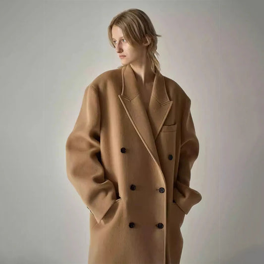 F@ca*e P@tte 24aw Women's Tweed Jacket Loose Silhouette Long Double Breasted Wool Coat Everyday Wear Women's Trench Coat