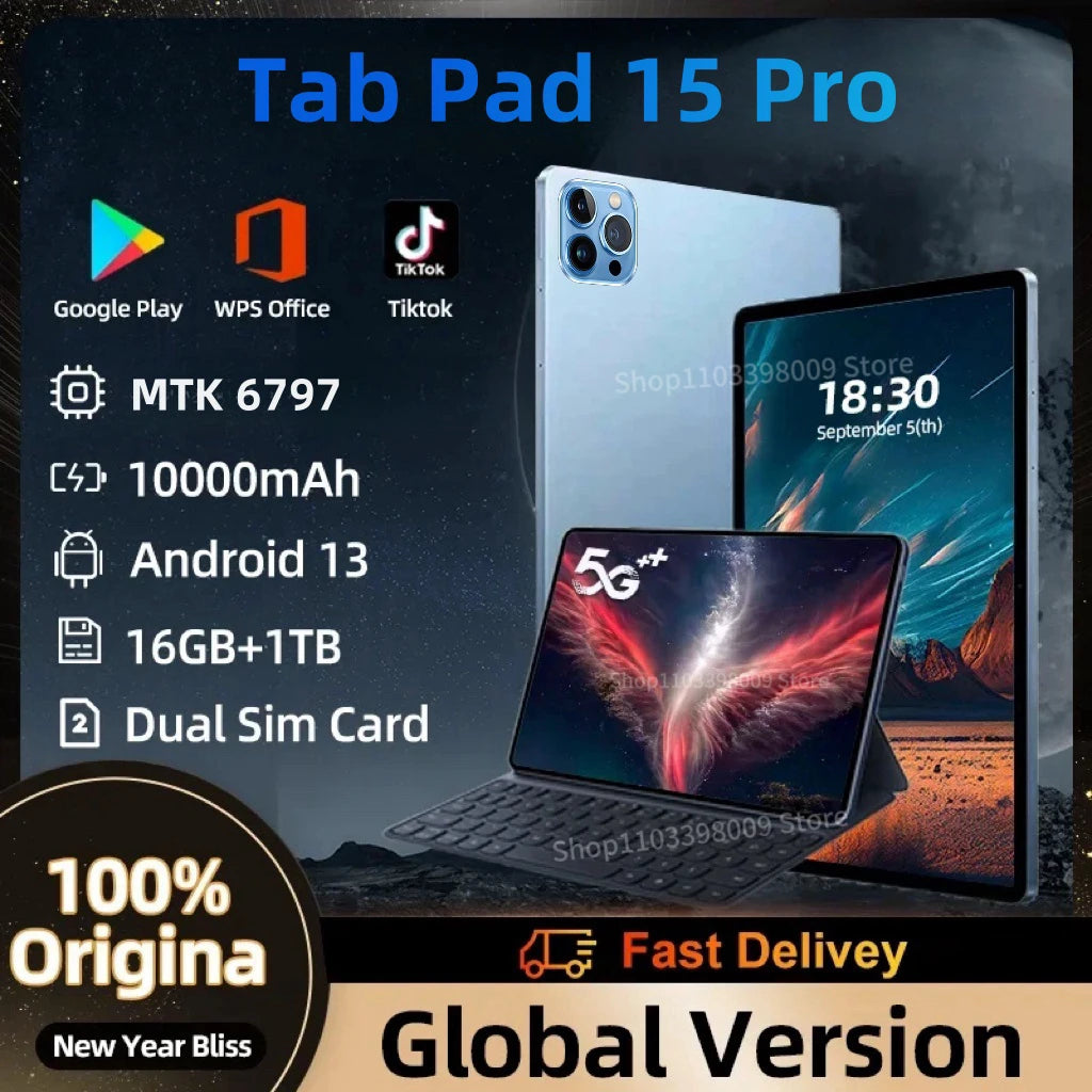 2024 NEW Pad 15 Pro Android 13 Mi Tablet PC 11 Inch 16GB 1TB 10000mAh 5G HD 4K Dual SIM Phone Call GPS Bluetooth WiFi Google Tab