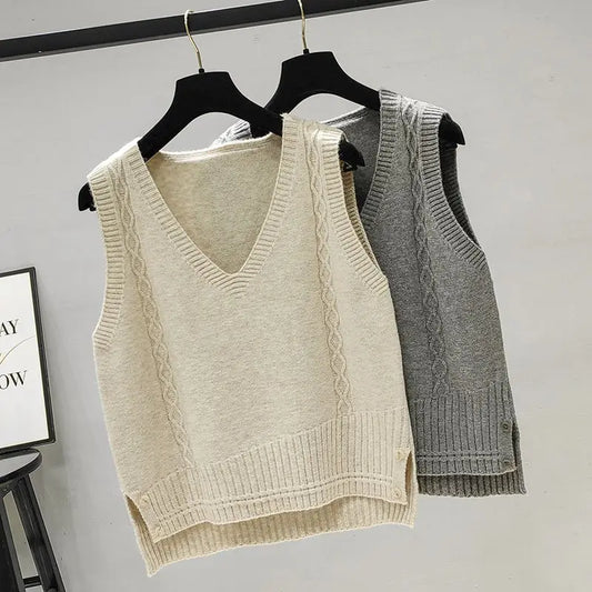 Knitted Vest for Women's Autumn Wear New V Neck Fried Dough Twists Knitting Sweater Loose Vest Top