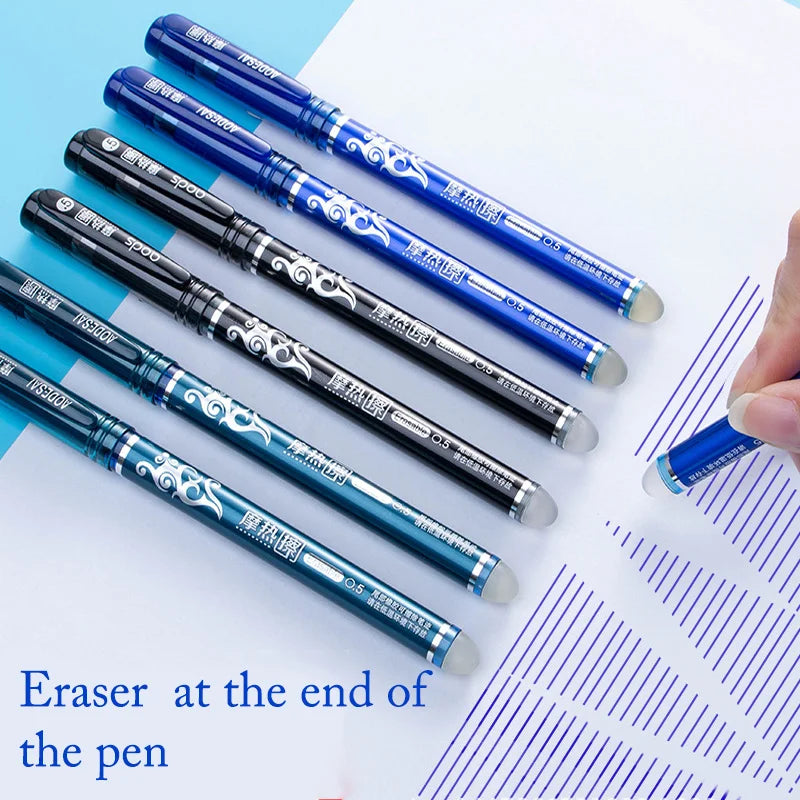 12PCS Erasable Gel Pen Blue Black Red Ink 0.5 0.38mm Washable Handle Ballpoint Pen Needle Tip Rod Student For Writing Sketch