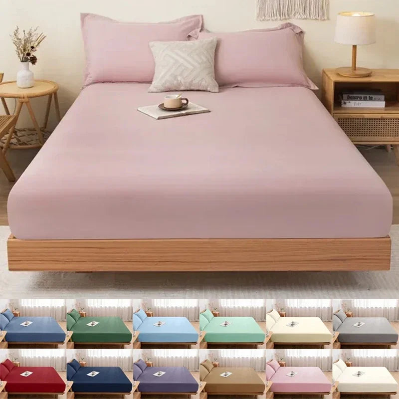 Cotton Fitted Bedsheet with Elastic Band Solid Color Dustproof Mattress Cover King Queen Size Beds Sheets Pillow Case Home Decor - Jamboshop.com