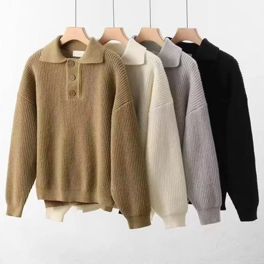 Lightweight Long Sleeve Sweater Men's Retro Knitted Sweater with Buttoned Collar Thick Warm Pullover for Fall Winter Wear