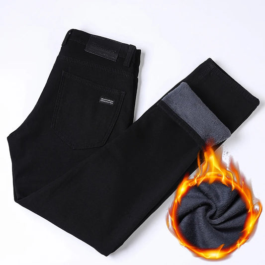 Black Velvet Jeans Men's Fashionable Business Casual Slim Straight Elastic Outer Wear Thickened and Warm 2023 Winterl Trousers