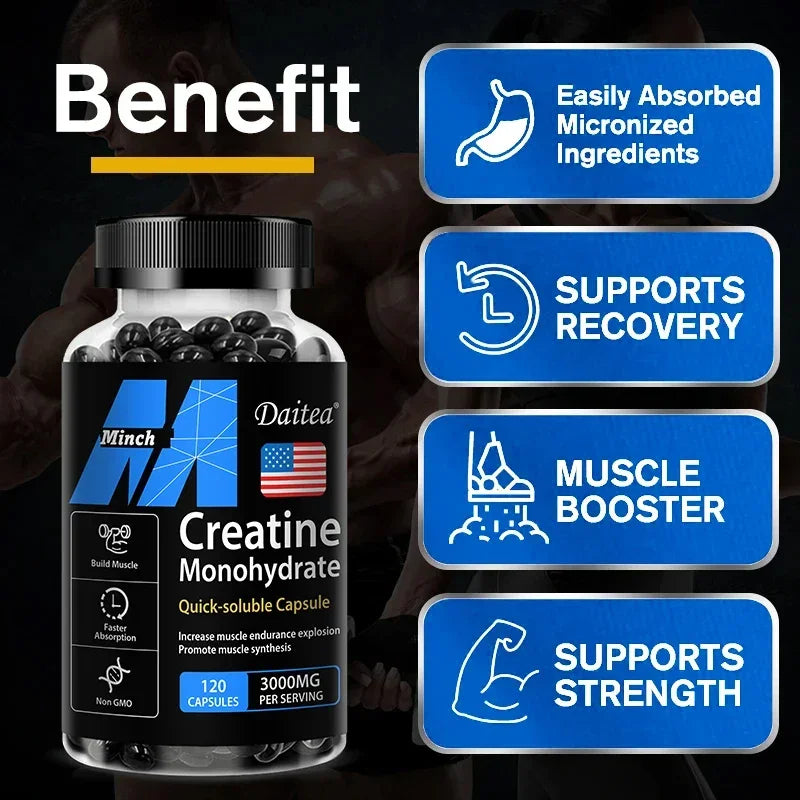 Daitea Creatine Monohydrate, 3000 Mg, 120 Capsules, for Muscle Endurance, Non-GMO, Gluten-Free