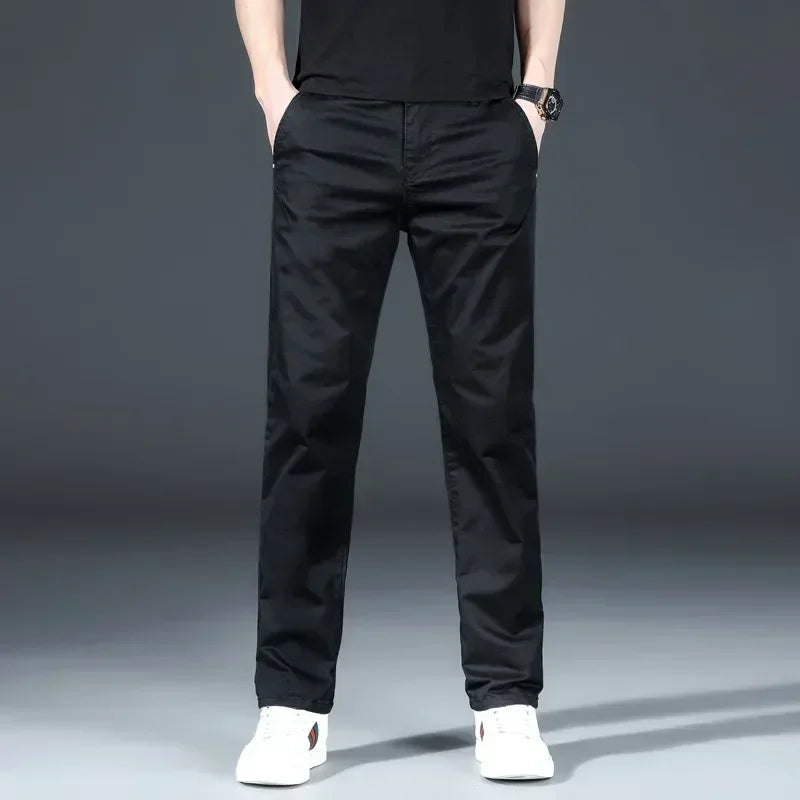 Straight Casual Pants Men Clothing Cotton Khaki Roayl Blue Trousers For Male 2023 Spring Autumn Black Pants Regular Fit