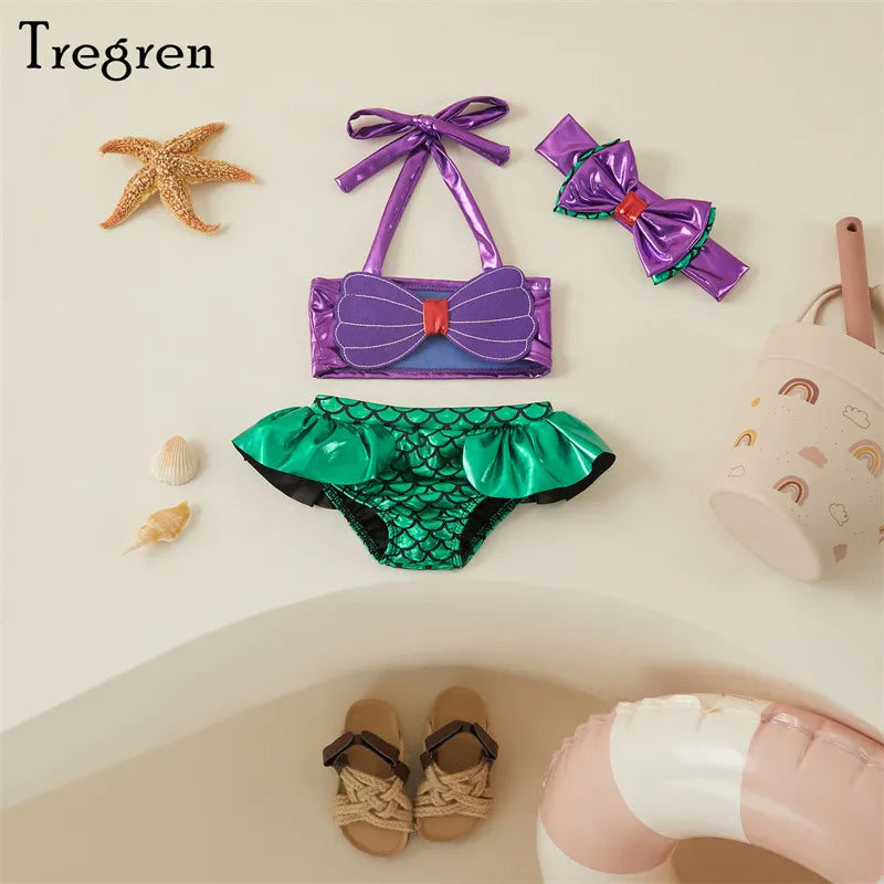 Tregren Toddler Kids Girl Mermaid Bikinis Set Summer Beachwear Halter Top Swimwear Swimming Pool Bathing Suit with Headband - Jamboshop.com