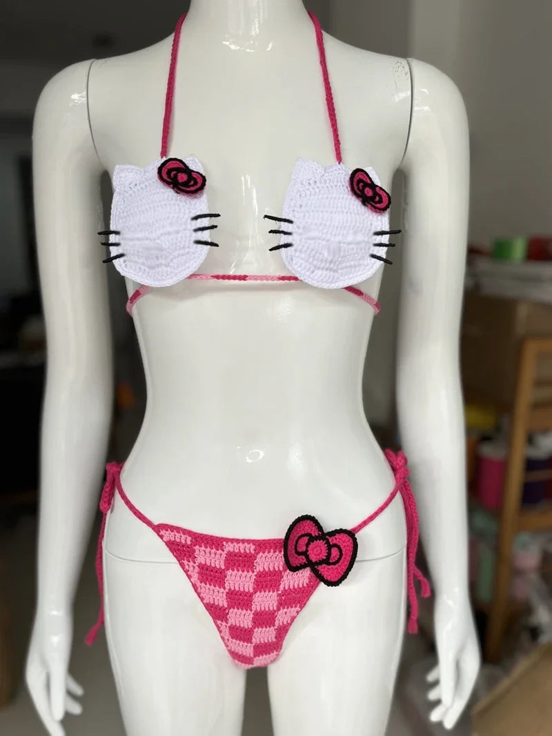 Handmade Brazil Crochet String Bikini Set Sexy Bathing Suit Checkered Red and Pink Bowknot Beachwear Swim Suits Custom - Jamboshop.com