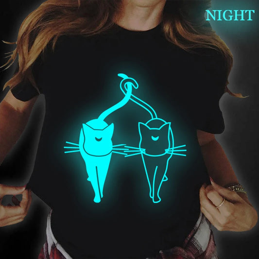 Love Heart Print Kawaii Cat T-shirts for Women Clothing Luminous Glow In The Dark T Shirts Novelty Women Tops Tees,drop Ship