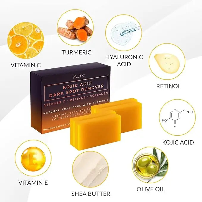 Kojic Acid Dark Spot Remover Soap Bars with Vitamin C, Retinol, Collagen, Turmeric  Original Japanese Complex Infused Hyaluronic