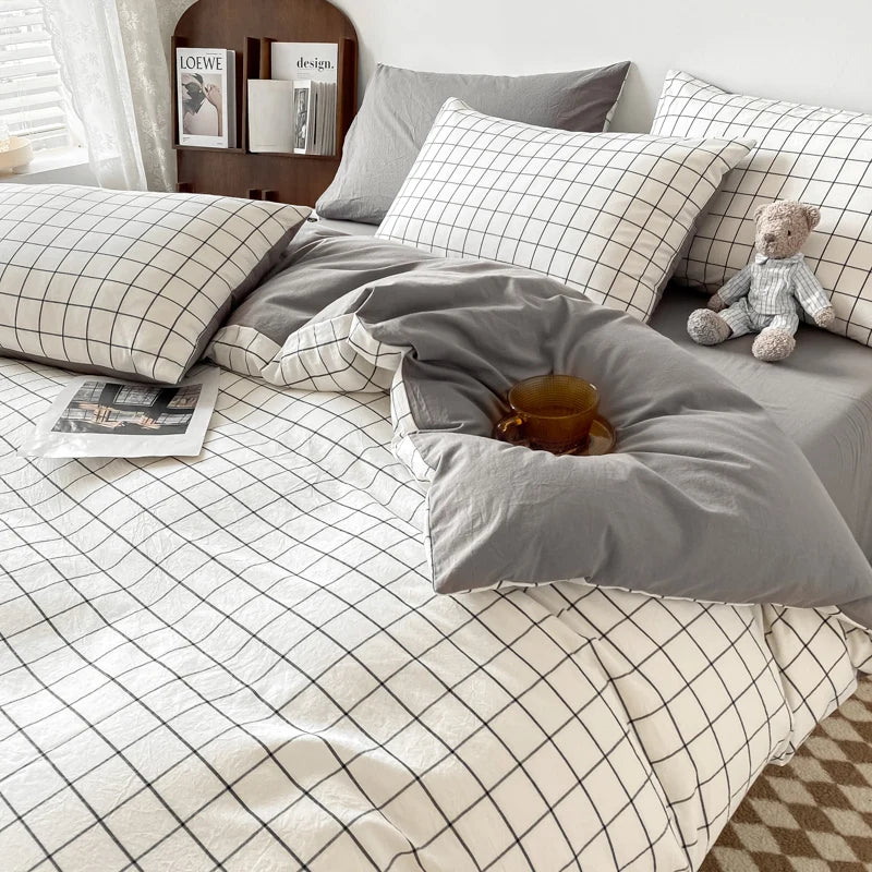 Ins Green Grid Bedding Set Bed Linen Nordic Lattice Duvet Cover For Adults Boys Bedspread Flat Sheet Simple Single Quilt Cover - Jamboshop.com