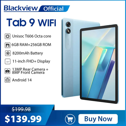 New Blackview Tab 9 WIFI Tablet Android 14 11-inch FHD+ Display T606 Octa Core, 6GB 256GB, 8200mAh Battery WIFI Tablets PC