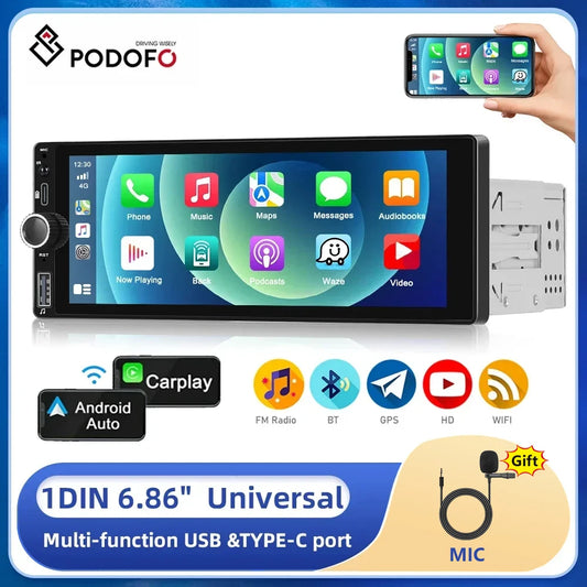 Podofo 1din Android MP5 Car Stereo Radio 6.86" Wireless Carplay Android auto Bluetooth FM Radio Receiver TF/USB 1din Multimedia