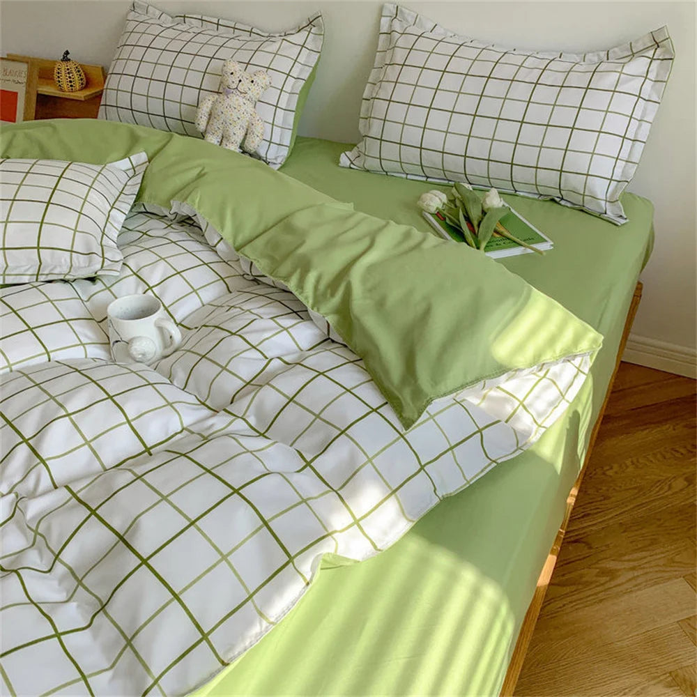 Ins Green Grid Bedding Set Bed Linen Nordic Lattice Duvet Cover For Adults Boys Bedspread Flat Sheet Simple Single Quilt Cover - Jamboshop.com