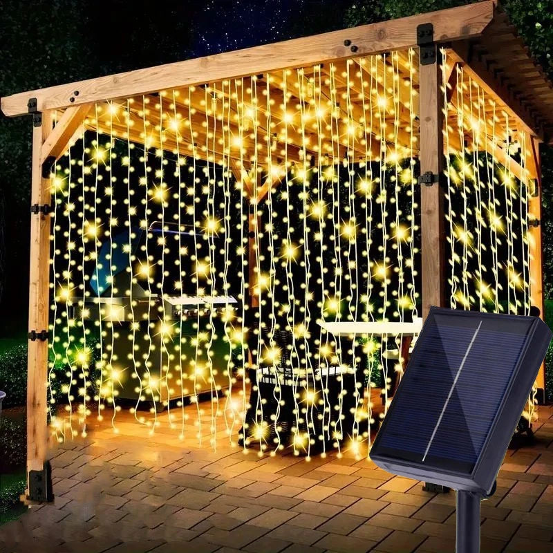 1pc Christmas 8 Lighting Modes Solar Curtain Lights,for Camping Party,Wedding,Home,Patio Gazebo Wall Outdoor Garden Decorations - Jamboshop.com