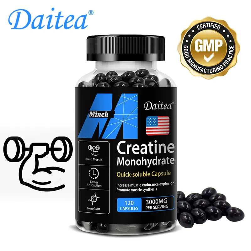 Daitea Creatine Monohydrate, 3000 Mg, 120 Capsules, for Muscle Endurance, Non-GMO, Gluten-Free