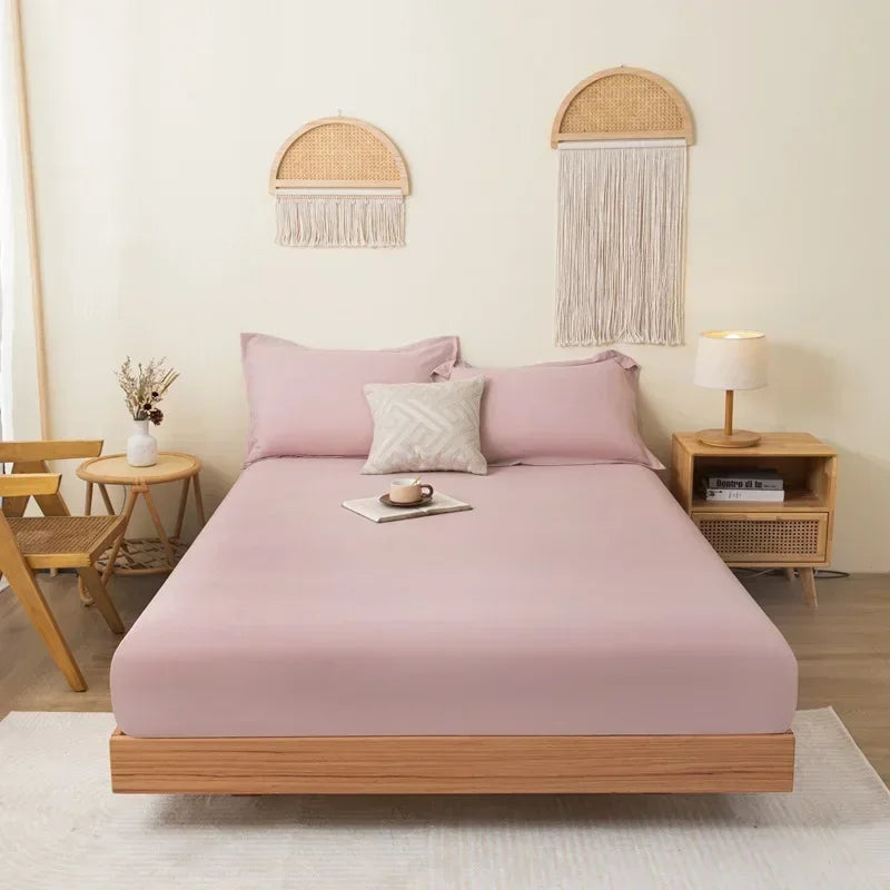 Cotton Fitted Bedsheet with Elastic Band Solid Color Dustproof Mattress Cover King Queen Size Beds Sheets Pillow Case Home Decor - Jamboshop.com