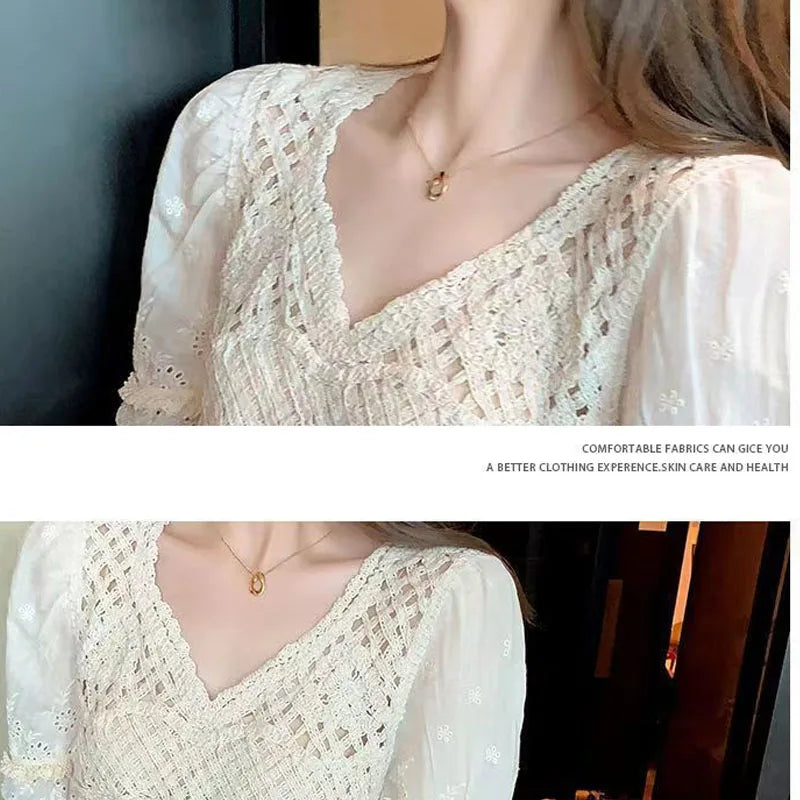 2023 Summer New France Style V-neck Women's Clothing Solid Color Round Neck Lace Patchwork Tops Women Fashion Hollow T-shirt