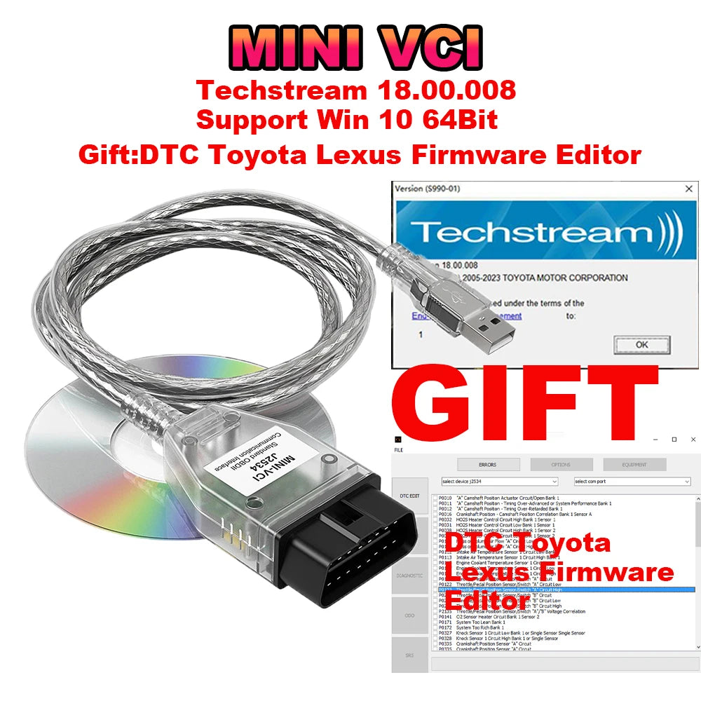 Mini Vci For Toyota TIS Techstream V18.00.008 FTDI FT232RL OBD2 Diagnostic Cable until 2023 DTC Firmware Editor for Toyota/Lexus - Jamboshop.com