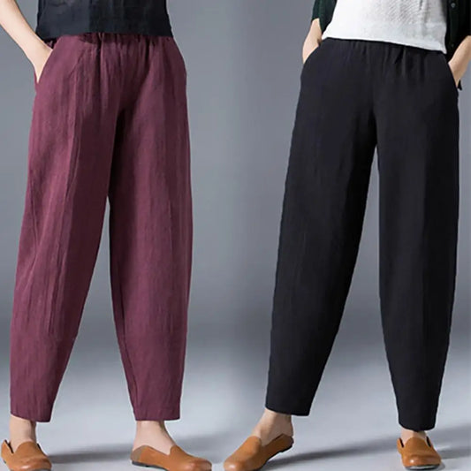 Ladies Long Pants With Pockets Elastic Waist Wide Leg Ninth Pants Casual Wear Temperament Women Fashion Loose Linen Trousers