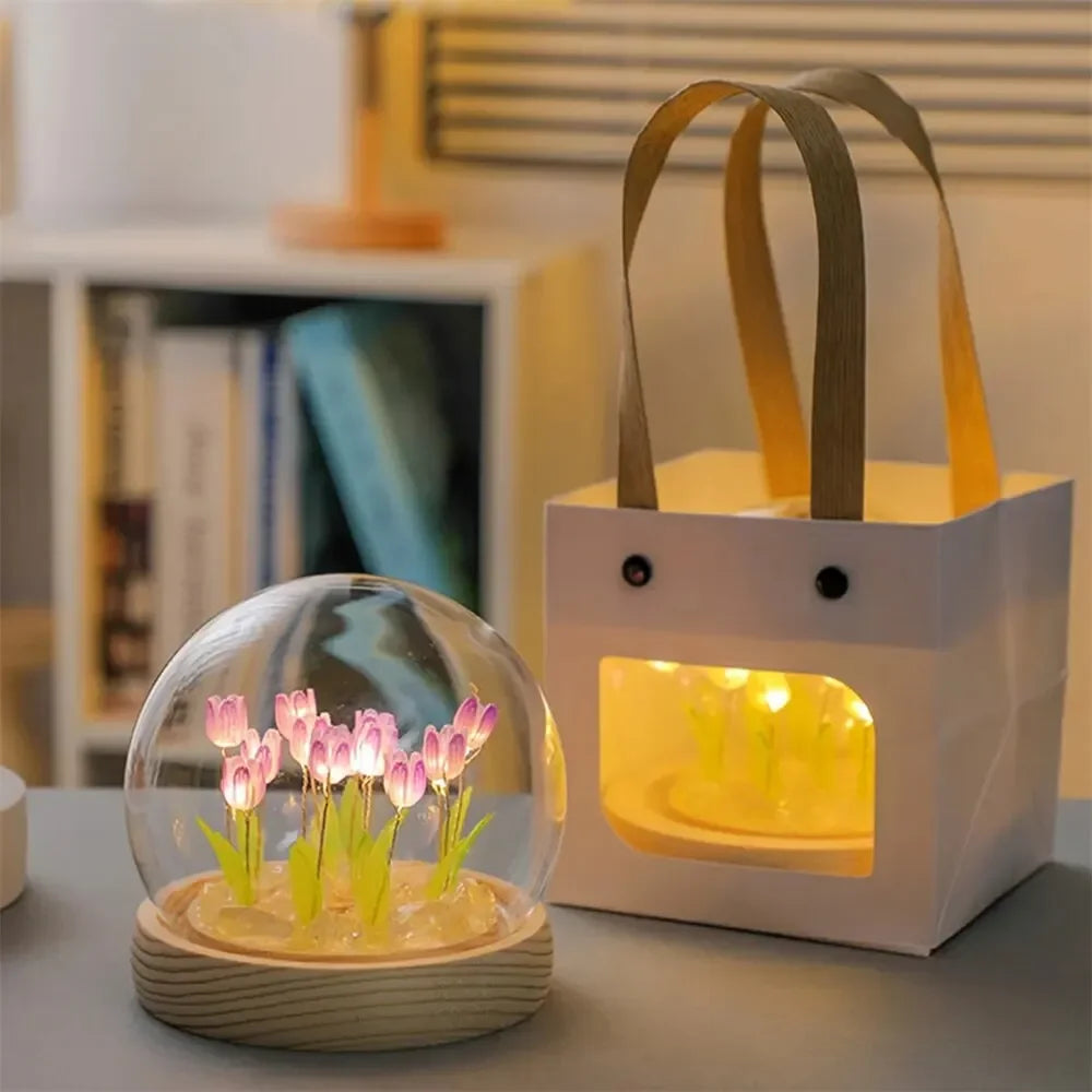 Artificial Tulip Flower Night Light Ornaments Handmade DIY Bedside Lamp LED Night Lamp Bedroom Decor Birthday Gifts Table Lamp - Jamboshop.com