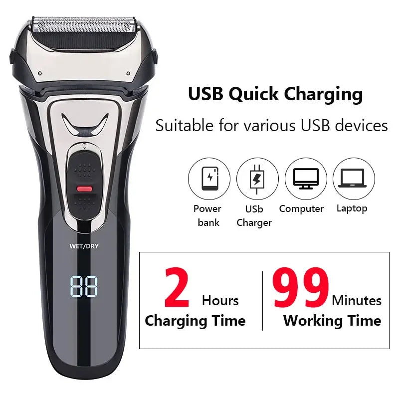 USB Rechargeable Electric Shaver Stainless Steel Shaving Machine Men 3D Triple Floating Blade Razor Shaver Barber Trimmer