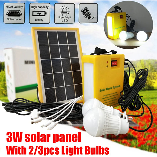 Solar Power Panel Generator Kit Home Solar Lamp System Kit USB 2/3Pcs LED Bulbs Outdoor Garden Solar Lamp Emergency Saving Light - Jamboshop.com