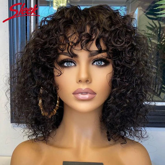 Short Pixie Bob Cut Human Hair Wigs With Bangs Jerry Curly Glueless Wig Highlight Honey Water Wave Blonde Colored Wigs For Women - Jamboshop.com