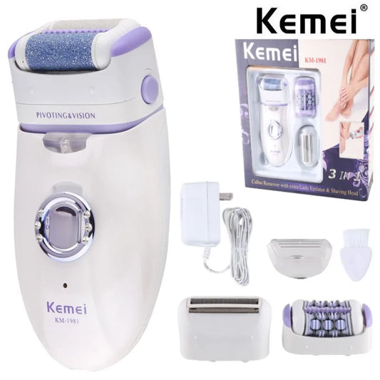 Kemei 3in1 electric epilator for women shaver leg body hair removal facial lady bikini trimmer epilator for face rechargeable