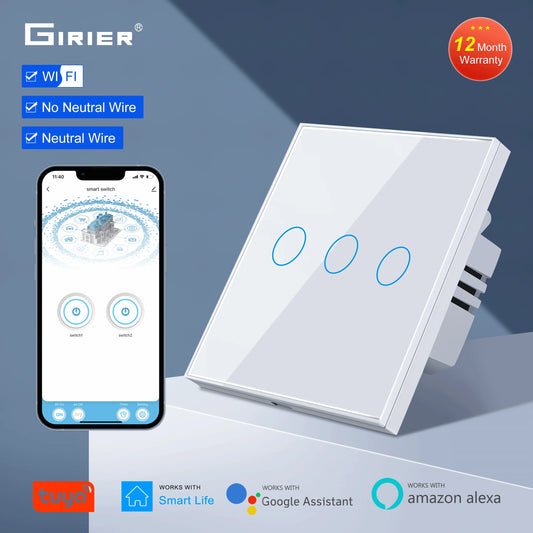 Wifi Wall Touch Switch EU No Neutral Wire Required Smart Light Switch 1 2 3 Gang 220V Tuya Smart Home Support Alexa Google Home - Jamboshop.com
