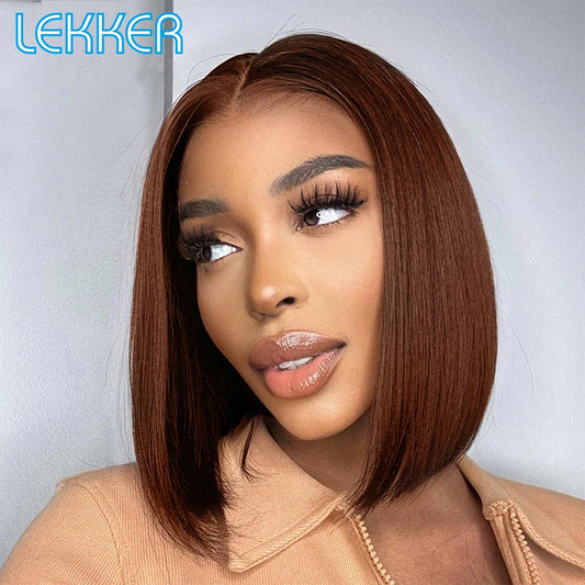 Lekker Brown Short Straight Bob 13x6x1 T Lace Front Human Hair Wig For Women Brazilian Remy Hair Chocolate Colored Lace Bob Wigs - Jamboshop.com