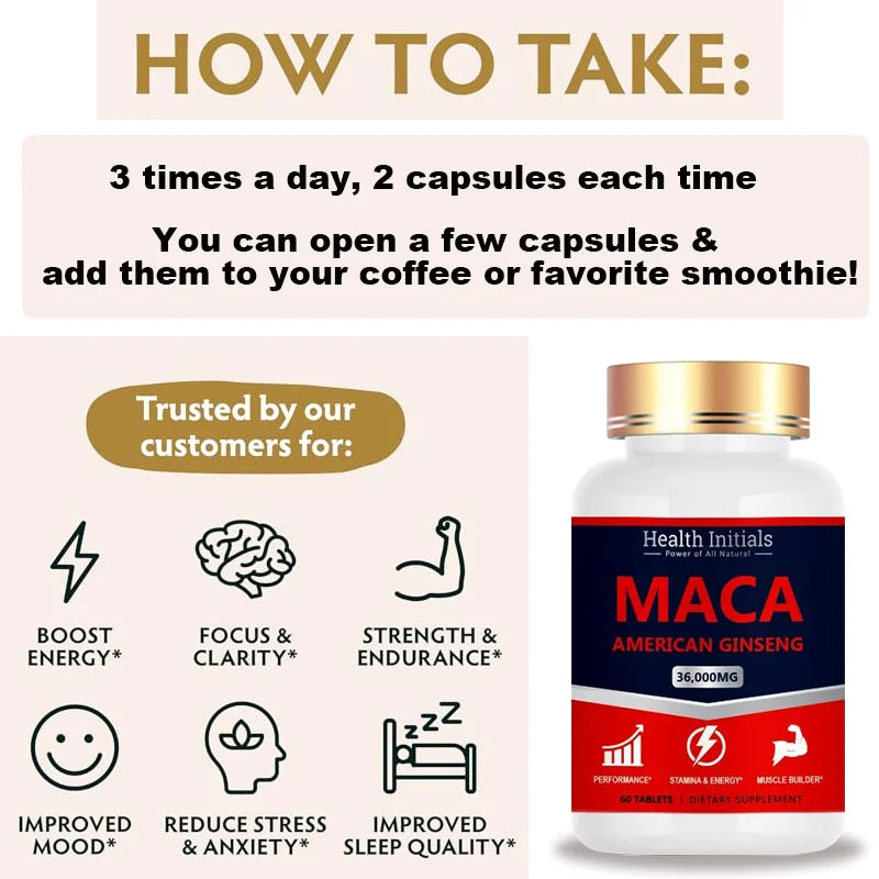 Natural Maca Ginseng Capsules, Peruvian Maca Root + Ginseng Supplement,Erection Supplement for Men