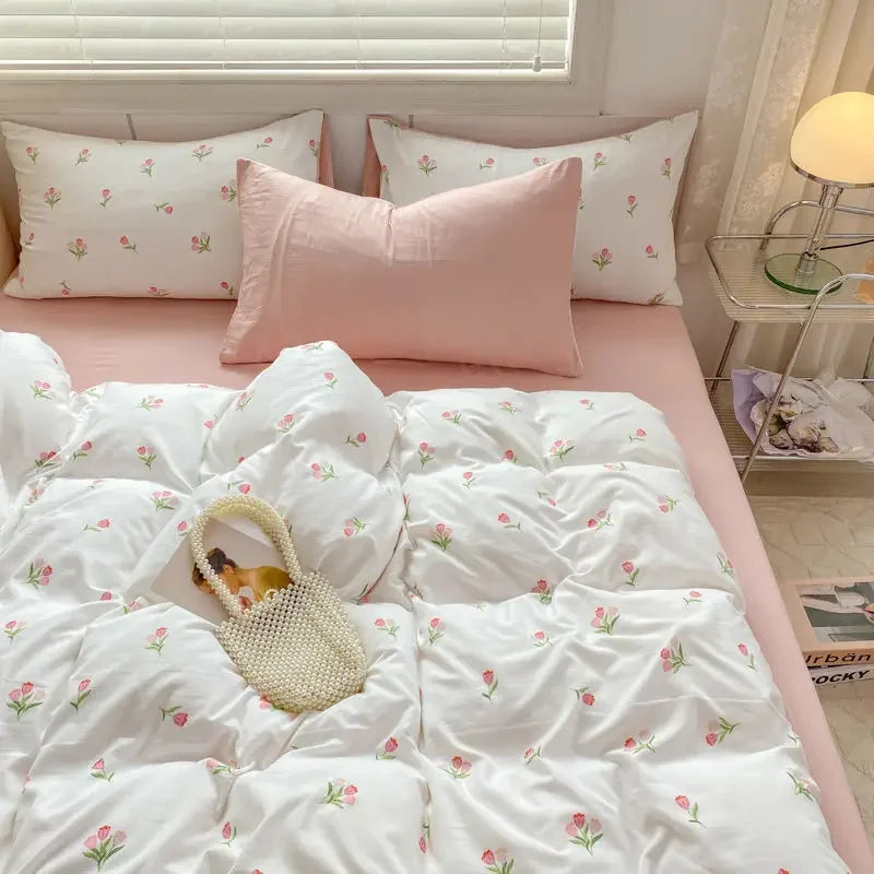 Romantic Tulip Pink Bedding Set Bed Flat Sheet Pillowcase Twin Full Queen Bed Linen Kids Girls Floral Duvet Cover No Filling - Jamboshop.com