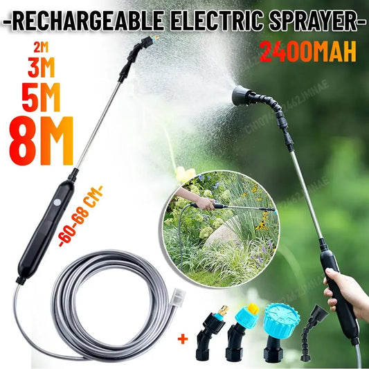 Electric Sprayer with 2/3/5/6/8m PipesGarden Watering Spray Gun with 2/4 Nozzles Type-C/USB Telescopic Irrigation Tools 전기 분무기