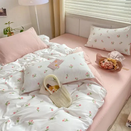 Romantic Tulip Pink Bedding Set Bed Flat Sheet Pillowcase Twin Full Queen Bed Linen Kids Girls Floral Duvet Cover No Filling - Jamboshop.com