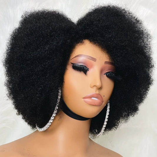 Afro Kinky Curly Lace Front Wig Natural Color Afro Bob Human Hair Natural Hairline 13X4X2 Glueless Short Human Hair Wigs - Jamboshop.com