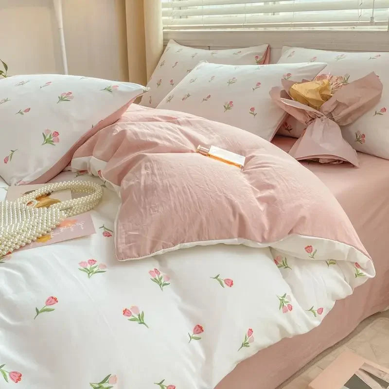 Romantic Tulip Pink Bedding Set Bed Flat Sheet Pillowcase Twin Full Queen Bed Linen Kids Girls Floral Duvet Cover No Filling - Jamboshop.com